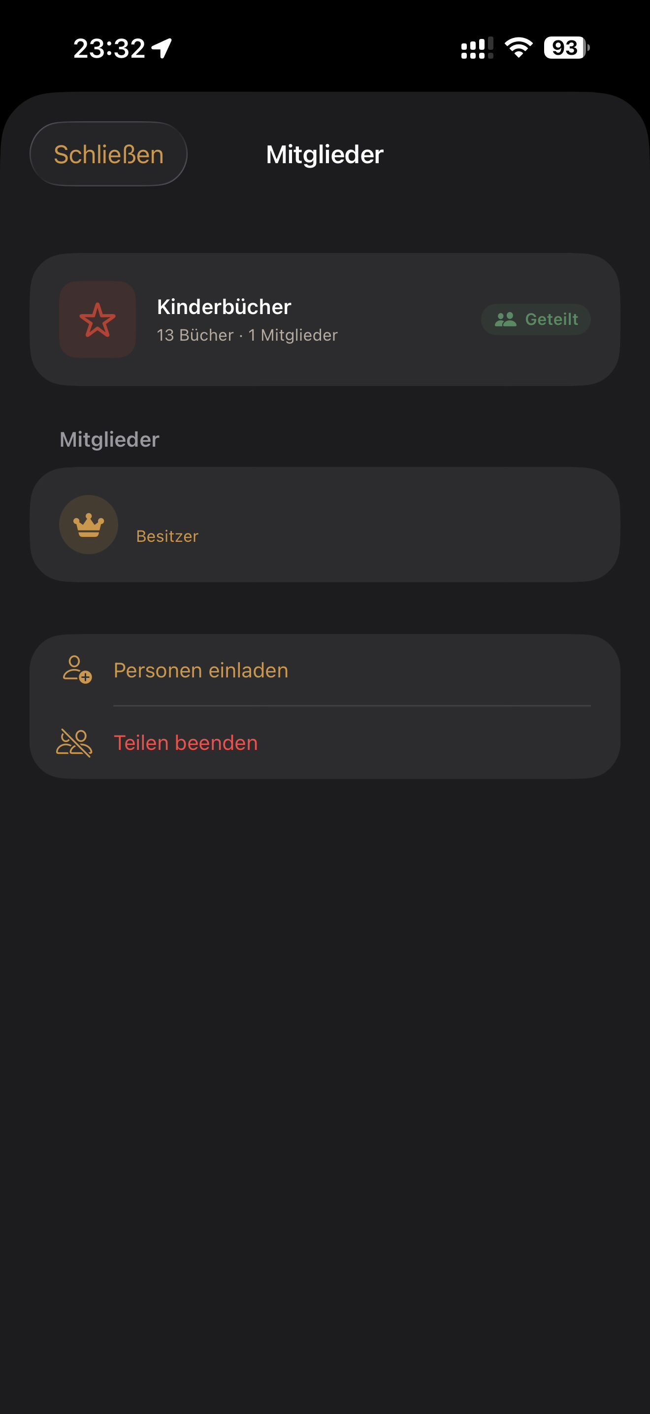 Mitgliederübersicht eines geteilten Regals
